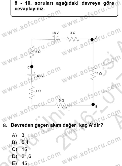 Devre Analizi Dersi 2016 - 2017 Yılı (Vize) Ara Sınav Soruları 8. Soru