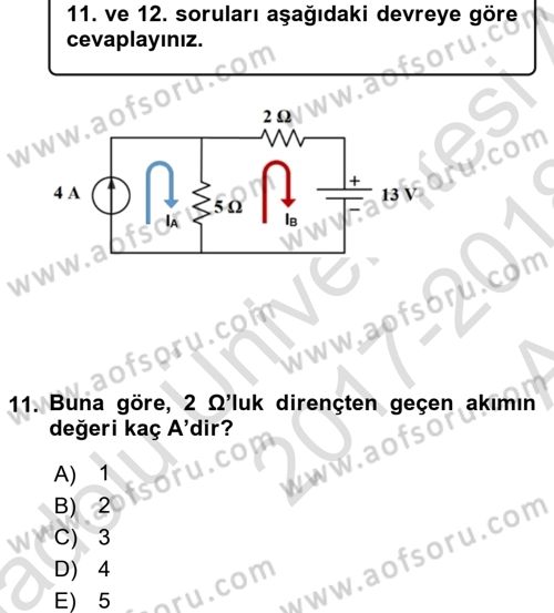 Devre Analizi Dersi 2017 - 2018 Yılı (Vize) Ara Sınav Soruları 11. Soru