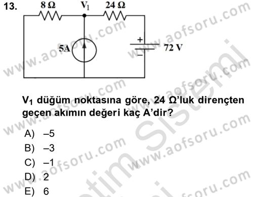 Devre Analizi Dersi 2017 - 2018 Yılı (Vize) Ara Sınav Soruları 13. Soru