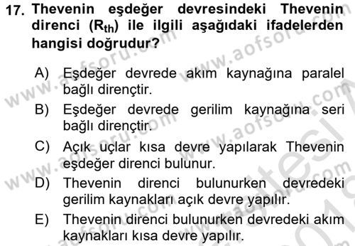 Devre Analizi Dersi 2017 - 2018 Yılı (Vize) Ara Sınav Soruları 17. Soru