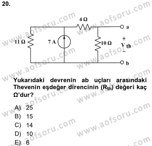 Devre Analizi Dersi 2017 - 2018 Yılı (Vize) Ara Sınav Soruları 20. Soru