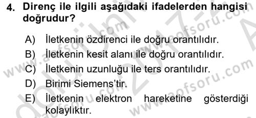 Devre Analizi Dersi 2017 - 2018 Yılı (Vize) Ara Sınav Soruları 4. Soru