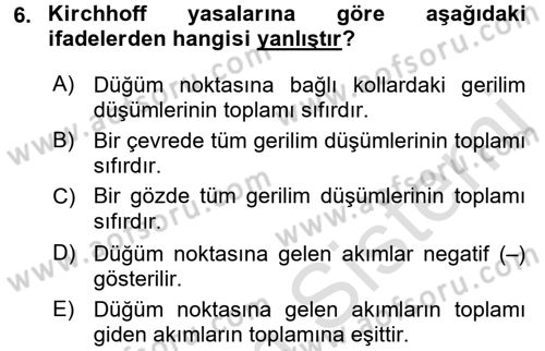 Devre Analizi Dersi 2017 - 2018 Yılı (Vize) Ara Sınav Soruları 6. Soru