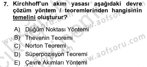 Devre Analizi Dersi 2017 - 2018 Yılı (Vize) Ara Sınav Soruları 7. Soru