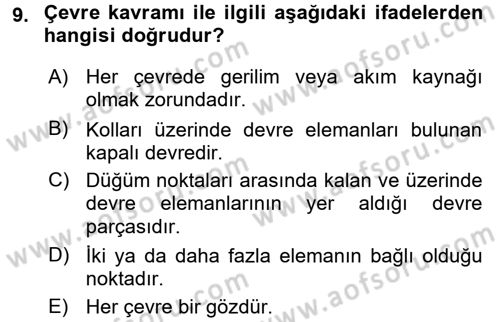 Devre Analizi Dersi 2017 - 2018 Yılı (Vize) Ara Sınav Soruları 9. Soru