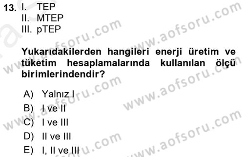 Enerji Yönetimi ve Politikaları Dersi 2018 - 2019 Yılı (Vize) Ara Sınav Soruları 13. Soru