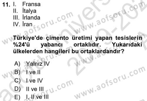 Enerji Yönetimi ve Politikaları Dersi 2019 - 2020 Yılı (Vize) Ara Sınav Soruları 11. Soru