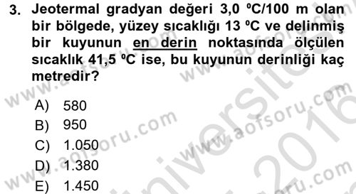 Yenilenebilir Enerji Kaynakları Dersi 2015 - 2016 Yılı (Final) Dönem Sonu Sınavı 3. Soru