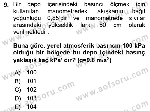 Enerji Analizi Dersi 2019 - 2020 Yılı (Vize) Ara Sınav Soruları 9. Soru