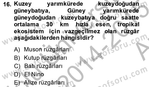 Enerji ve Çevre Dersi 2014 - 2015 Yılı (Vize) Ara Sınav Soruları 16. Soru