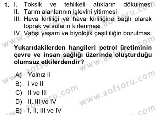 Enerji ve Çevre Dersi 2018 - 2019 Yılı (Vize) Ara Sınav Soruları 1. Soru