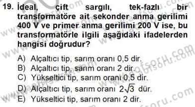 Güç Sistemleri Analizi Dersi Ara Sınavı Deneme Sınav Soruları 19. Soru