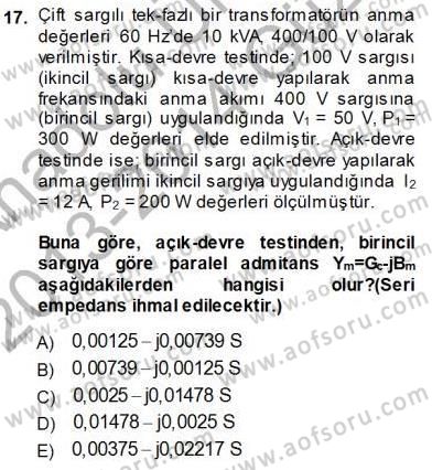 Güç Sistemleri Analizi Dersi Ara Sınavı Deneme Sınav Soruları 17. Soru