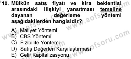 Gayrimenkul Ekonomisi Dersi 2012 - 2013 Yılı (Final) Dönem Sonu Sınav Soruları 10. Soru