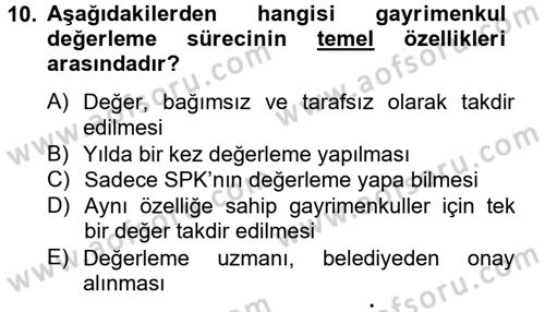 Gayrimenkul Ekonomisi Dersi 2013 - 2014 Yılı (Final) Dönem Sonu Sınav Soruları 10. Soru