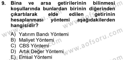 Gayrimenkul Ekonomisi Dersi 2014 - 2015 Yılı (Final) Dönem Sonu Sınav Soruları 9. Soru