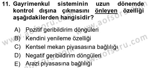 Gayrimenkul Ekonomisi Dersi 2015 - 2016 Yılı (Vize) Ara Sınav Soruları 11. Soru