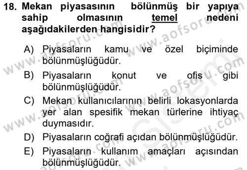 Gayrimenkul Ekonomisi Dersi 2015 - 2016 Yılı (Vize) Ara Sınav Soruları 18. Soru