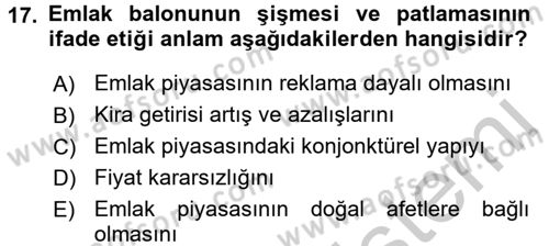 Gayrimenkul Ekonomisi Dersi 2016 - 2017 Yılı (Vize) Ara Sınav Soruları 17. Soru