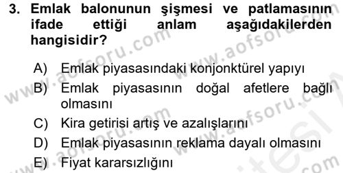Gayrimenkul Ekonomisi Dersi 2017 - 2018 Yılı 3 Ders Sınav Soruları 3. Soru