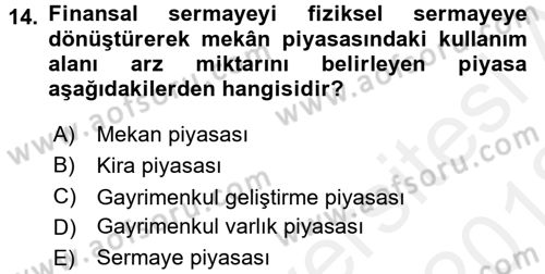 Gayrimenkul Ekonomisi Dersi 2017 - 2018 Yılı (Vize) Ara Sınav Soruları 14. Soru