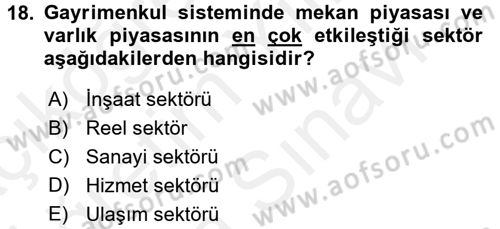 Gayrimenkul Ekonomisi Dersi 2017 - 2018 Yılı (Vize) Ara Sınav Soruları 18. Soru