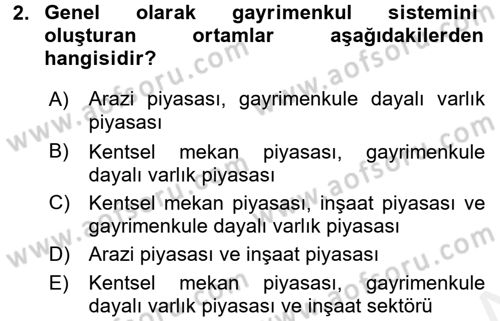 Gayrimenkul Ekonomisi Dersi 2017 - 2018 Yılı (Final) Dönem Sonu Sınav Soruları 2. Soru