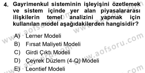Gayrimenkul Ekonomisi Dersi 2018 - 2019 Yılı 3 Ders Sınav Soruları 4. Soru