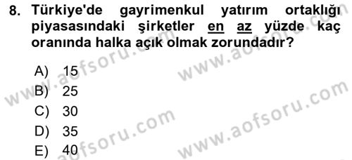 Gayrimenkul Ekonomisi Dersi 2018 - 2019 Yılı 3 Ders Sınavı 8. Soru