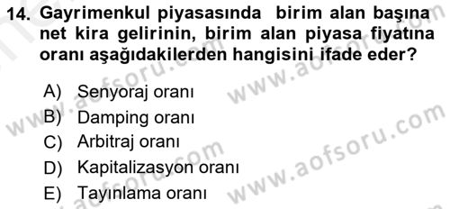 Gayrimenkul Ekonomisi Dersi 2018 - 2019 Yılı (Vize) Ara Sınav Soruları 14. Soru