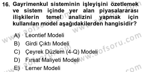 Gayrimenkul Ekonomisi Dersi 2018 - 2019 Yılı (Vize) Ara Sınavı 16. Soru