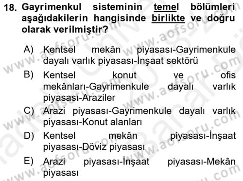 Gayrimenkul Ekonomisi Dersi 2018 - 2019 Yılı (Vize) Ara Sınav Soruları 18. Soru