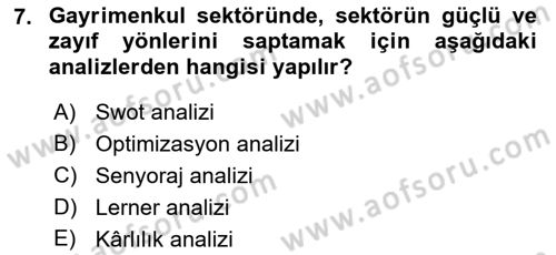 Gayrimenkul Ekonomisi Dersi 2018 - 2019 Yılı (Vize) Ara Sınavı 7. Soru