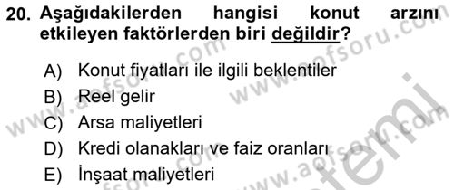 Gayrimenkul Ekonomisi Dersi 2018 - 2019 Yılı Yaz Okulu Sınav Soruları 20. Soru
