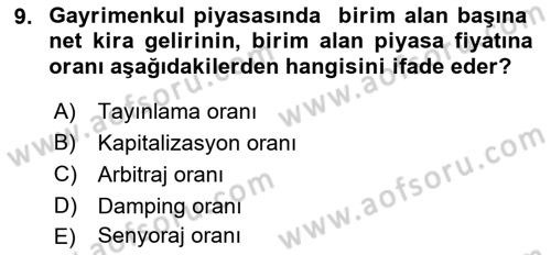 Gayrimenkul Ekonomisi Dersi 2018 - 2019 Yılı Yaz Okulu Sınav Soruları 9. Soru