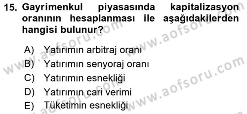 Gayrimenkul Ekonomisi Dersi 2021 - 2022 Yılı (Vize) Ara Sınav Soruları 15. Soru