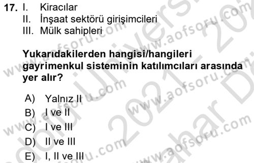 Gayrimenkul Ekonomisi Dersi 2021 - 2022 Yılı (Vize) Ara Sınav Soruları 17. Soru