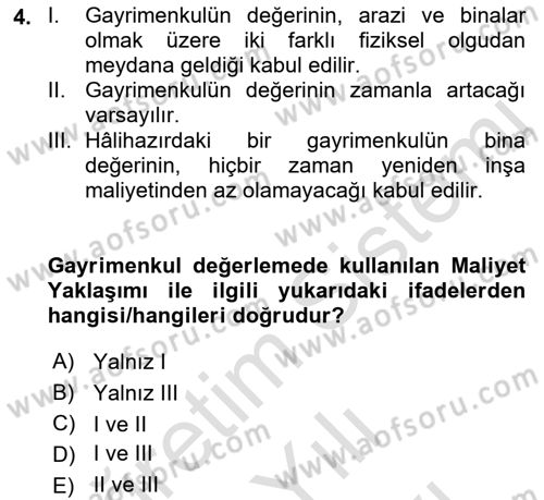 Gayrimenkul Ekonomisi Dersi 2021 - 2022 Yılı (Vize) Ara Sınav Soruları 4. Soru