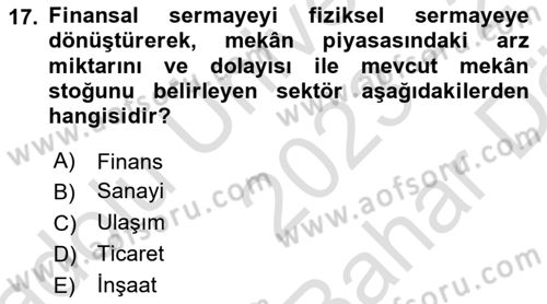 Gayrimenkul Ekonomisi Dersi 2023 - 2024 Yılı (Vize) Ara Sınavı 17. Soru