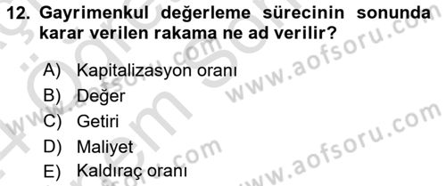 Gayrimenkul Ekonomisi Dersi 2023 - 2024 Yılı (Final) Dönem Sonu Sınavı 12. Soru