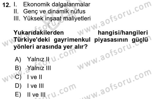 Gayrimenkul Ekonomisi Dersi 2024 - 2025 Yılı (Final) Dönem Sonu Sınav Soruları 12. Soru