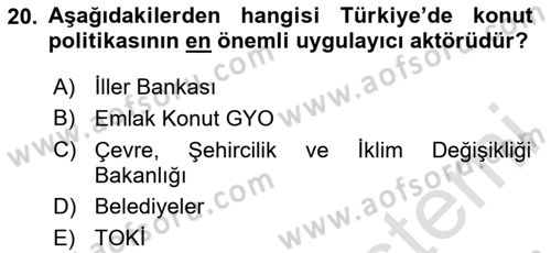 Gayrimenkul Ekonomisi Dersi 2024 - 2025 Yılı (Final) Dönem Sonu Sınav Soruları 20. Soru