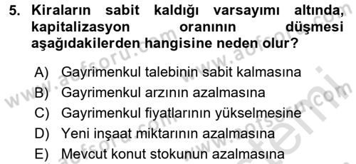 Gayrimenkul Ekonomisi Dersi 2024 - 2025 Yılı (Final) Dönem Sonu Sınav Soruları 5. Soru
