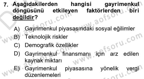 Gayrimenkul Ekonomisi Dersi 2024 - 2025 Yılı (Final) Dönem Sonu Sınav Soruları 7. Soru
