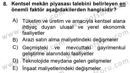 Gayrimenkul Ekonomisi Dersi 2024 - 2025 Yılı (Final) Dönem Sonu Sınav Soruları 8. Soru