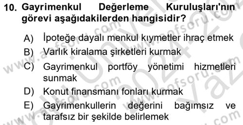 Gayrimenkul Ekonomisi Dersi 2024 - 2025 Yılı Yaz Okulu Sınav Soruları 10. Soru