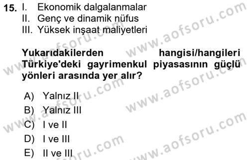 Gayrimenkul Ekonomisi Dersi 2024 - 2025 Yılı Yaz Okulu Sınav Soruları 15. Soru