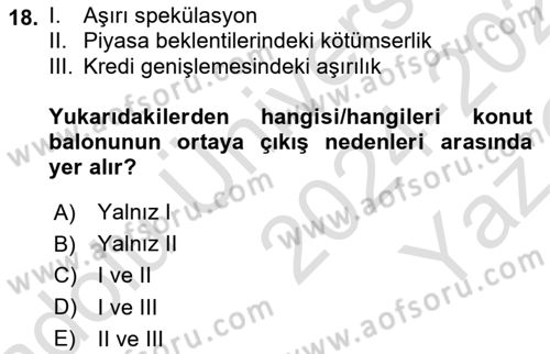 Gayrimenkul Ekonomisi Dersi 2024 - 2025 Yılı Yaz Okulu Sınav Soruları 18. Soru