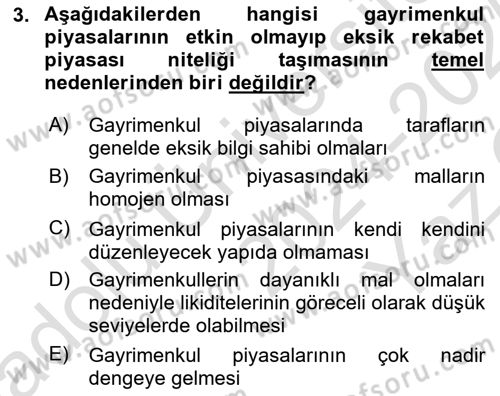 Gayrimenkul Ekonomisi Dersi 2024 - 2025 Yılı Yaz Okulu Sınav Soruları 3. Soru