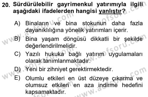 Emlak Yönetimi Dersi 2024 - 2025 Yılı (Final) Dönem Sonu Sınav Soruları 20. Soru